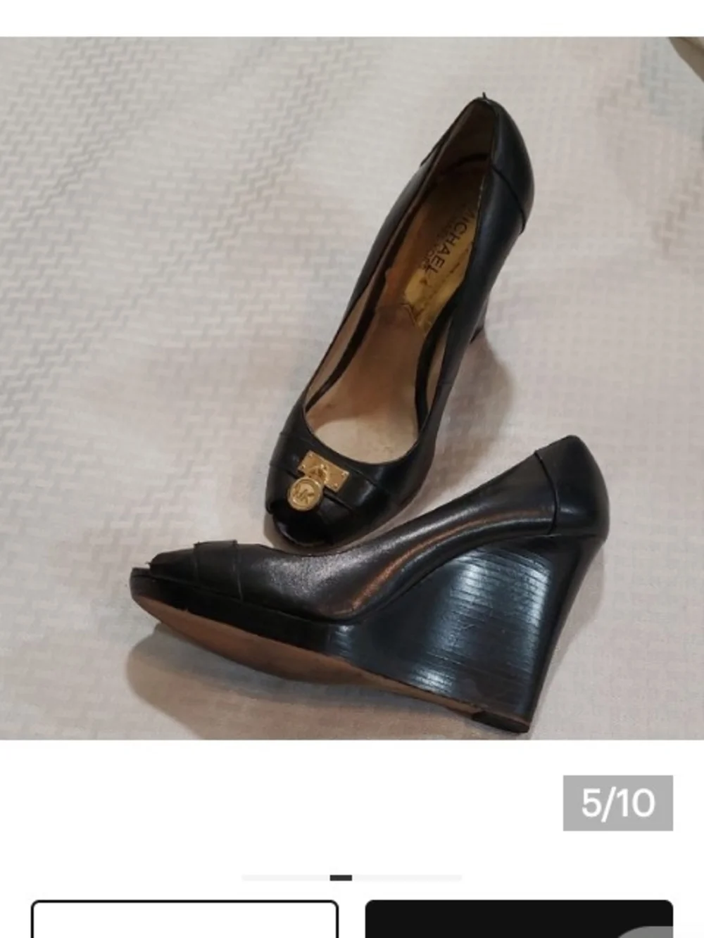 Michael Kors Black Leather Peep-Toe Wedge Pumps with Gold Logo